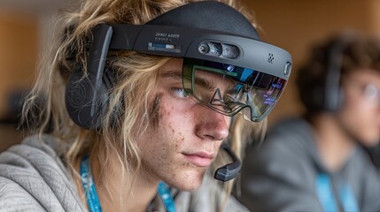Focused Student Using Virtual Reality Headset for Educational Simulations