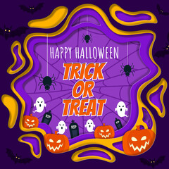 Halloween paper cut style design featuring layered purple and orange frames with pumpkins, ghosts, bats, spiders, tombstones, and "Trick or Treat" text, creating a spooky festive holiday atmosphere.