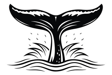 Whale Tail Silhouette Graphic, Ocean Waves, White Background, Marine Life Icon