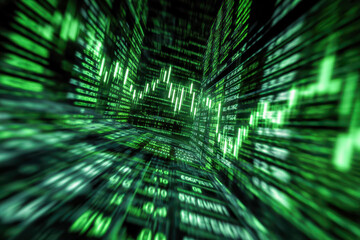 A futuristic digital landscape with glowing green data streams and market indicators illustrating high-tech information flow and real-time stock or crypto trading visualization