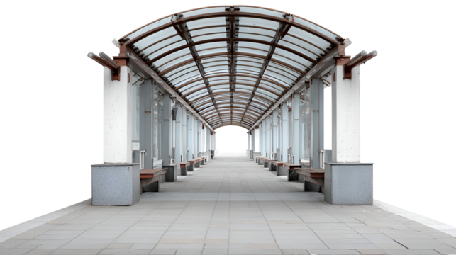 Long covered walkway with arched roof and columns isolated on transparent background