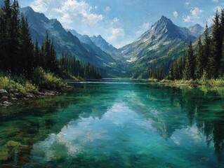Mountain Lake Reflection Tranquil Water & Peaks in Serene Landscape.