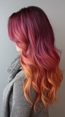 Naklejka premium Woman with vibrant, long, wavy hair dyed in red, pink, and orange hues