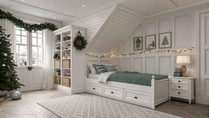 Photoreal Florida coastal kids room in luxury classic European design featuring string fairy lights and matte white with forest green palette
