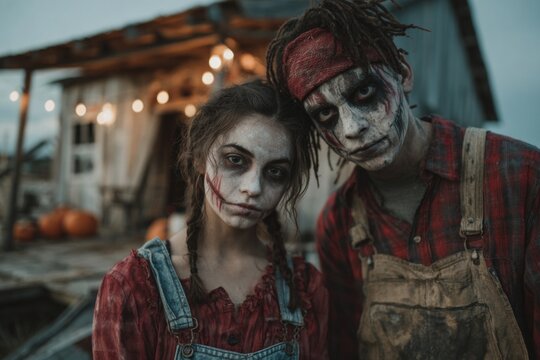 Two young farmers wearing scary zombie makeup posing in front of a haunted house for halloween