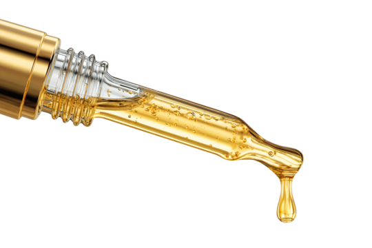 Golden oil dropping from dropper isolated on transparent background