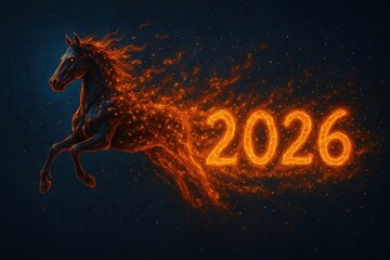 Flaming horse running with blazing trail forming year 2026