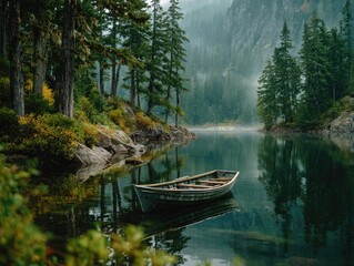 and keyword list based on the image

 Rowboat Floating on Calm Lake Surrounded by Evergreen Forest, Mountain Backdrop