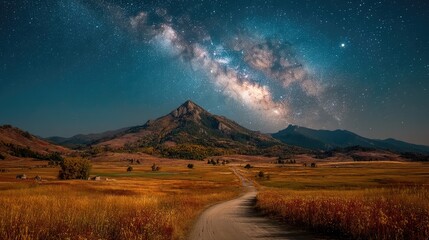 and keyword list based on the image you provided

 Starry Milky Way over Mountain Landscape with Winding Road in Rural Area.
