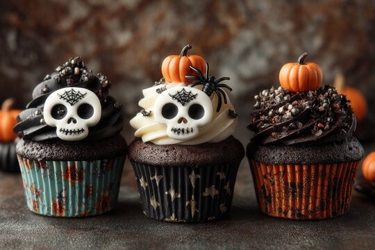 Chocolate halloween cupcakes showing spooky decorations like skulls, spiders, and pumpkins - Powered by Adobe
