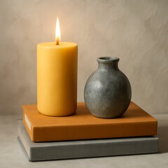 Still Life Composition Featuring a Lit Yellow Candle and a Gray Vase Resting on Stacked Books Creating a Warm and Serene Atmosphere