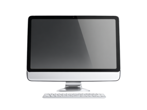 Sleek silver computer with dark screen and white keyboard technology, Isolated, Png Transparent Background