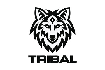 Wolf Head Mascot in Black Tribal Outline on White Background Design