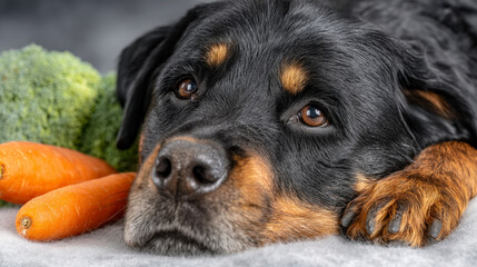 Adorable Rottweiler puppy resting among fresh vegetables, showcasing a happy and relaxed moment