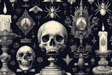 Dark and mysterious seamless pattern evoking occult themes, featuring skulls, candles, insects, and ornate mirrors reflecting a haunted mansion