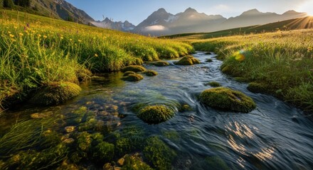 Idyllic Alpine Sunrise: A Crystal Stream Flows Through a Golden Wildflower Meadow
