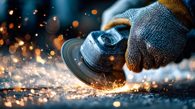 Worker grinding metal with sparks flying in a workshop - Powered by Adobe