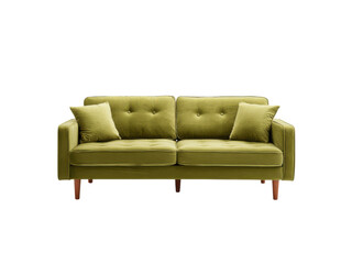 Fototapeta premium Plush velvet sofa with tufted back and accent pillows couch green, Isolated, Png Transparent Background