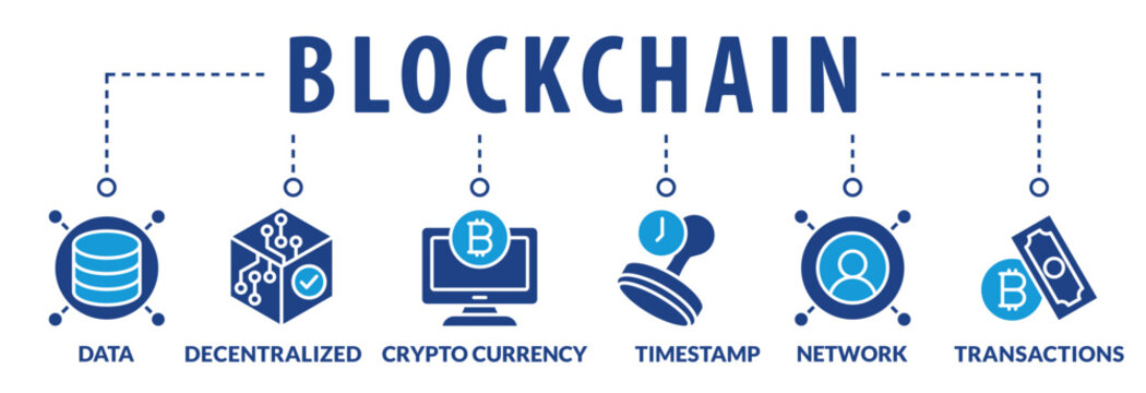 Block chain banner crypto currency concept vector illustration with icons