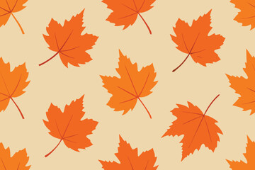 Fototapeta premium Autumnal Maple Leaf Pattern Seamless Fall Background with Orange Leaves on Beige Backdrop