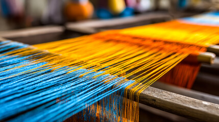 Colorful traditional weaving threads on a loom displaying vibrant blue, yellow, and orange strands