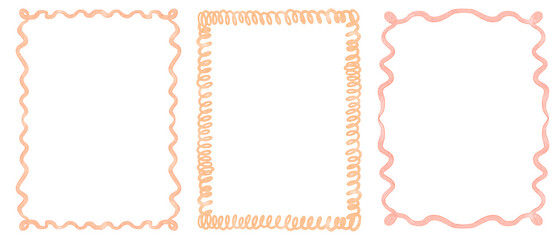 Collection of hand drawn rectangular frames with scalloped edges, wavy and curved lines. Includes isolated doodle borders for invitation, card, poster, label, template, and graphic design.