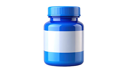 A shiny blue plastic bottle with a blank white label is perfect for showcasing pharmaceutical products or nutritional supplements in a studio shot.