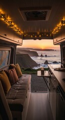 Obraz premium Cozy van interior with a stunning ocean sunset view, showcasing a comfortable living space for road trip adventures and nomadic freedom