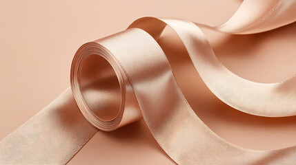 Close up of a roll of light pink satin ribbon with flowing curves on a matching pink background