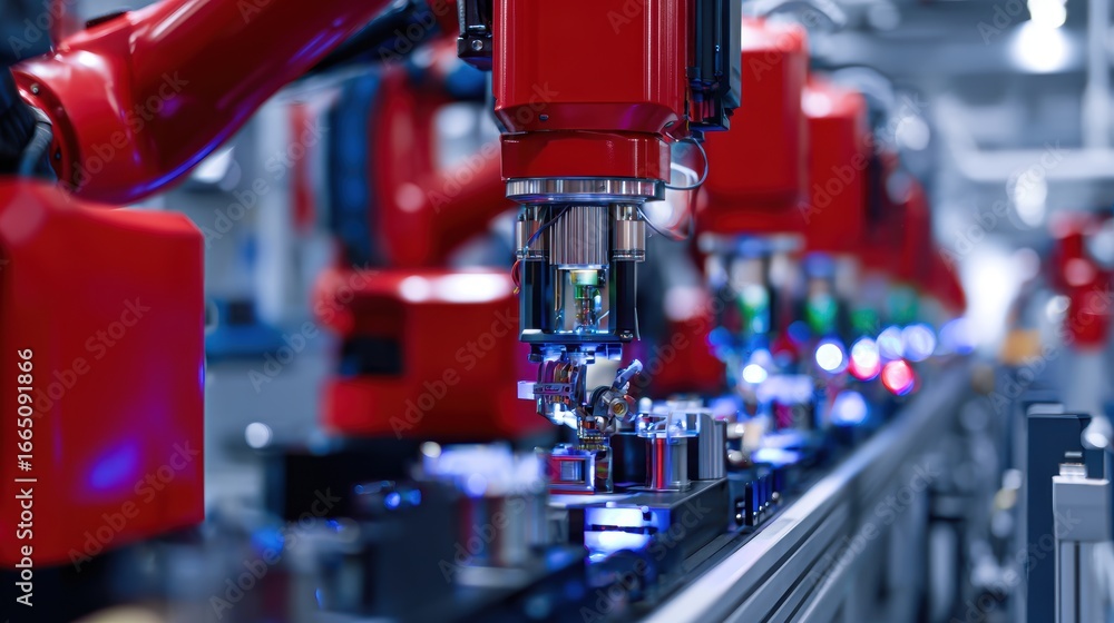 Poster high-tech robotic arms assembling components in a modern factory with vibrant lights and machinery