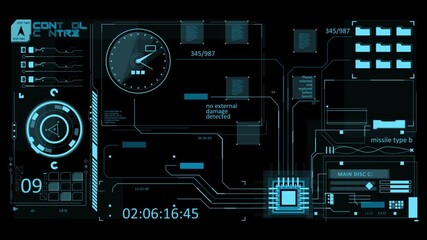 Cyberpunk style digital interface, futuristic HUD, technology background, blue screen, control panel, computer screen, digital clock, circuit board. - Powered by Adobe