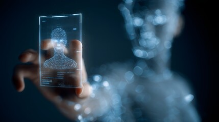 A man is pointing at a face on a screen. The image is of a man in a suit, wearing a tie, and pressing a button. The man is focused on the face, and the image conveys a sense of importance