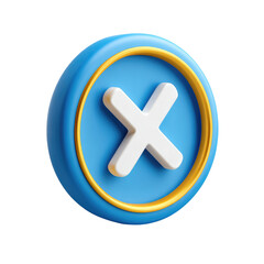 Obraz premium 3D rendered blue button with a white 'X' symbol. A round, light-blue button has a golden, slightly raised ring around it. A large, white 'X' is centered on the button