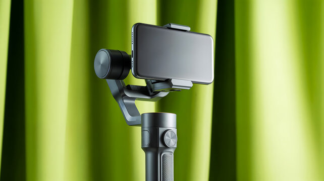 Modern smartphone mounted on a handheld gimbal stabilizer with a sleek design, placed against a green curtain background — ideal for content creation, vlogging, videography, or tech product visuals.