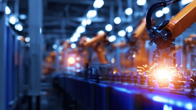 Advanced robotic arms performing precision welding in a high-tech manufacturing facility at night