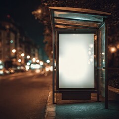 Empty bus stop at night, blank billboard