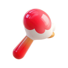 A vibrant, 3D rendered maraca.  Glossy red and white, with a light orange handle.  A playful, cartoonish style