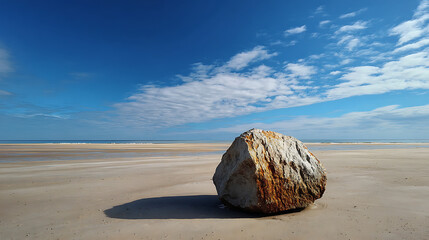 Large rock on sandy beach under blue sky with fluffy clouds at low tide in coastal area