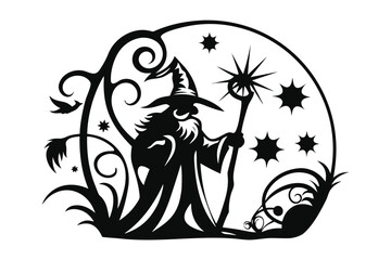 Stylized Silhouette of Wizard Casting Spell with Magic Wand on White Background