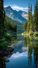 Serene mountain lake scene with vibrant reflections and lush evergreens