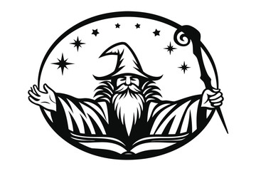 Stylized Wizard with Pointy Hat Holding Orb and Magic Wand on White Background