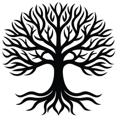 Black Silhouette of a Stylized Tree of Life with Visible Roots and Branches
