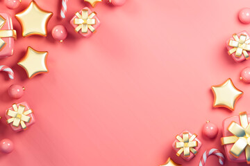 3D pink Christmas gifts with gold bows and big copyspace