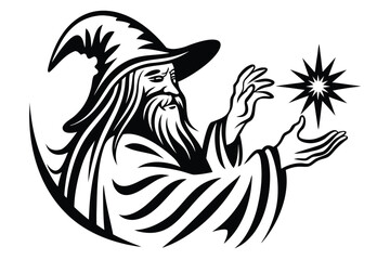 Wizard Casting Spell with Star, Symbolic Icon on White Background