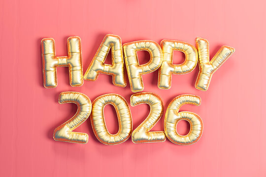 3D golden balloons with happy 2026 message