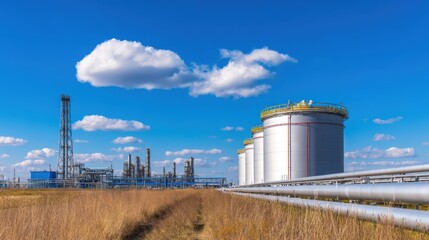 Obraz premium Industrial landscape featuring large storage tanks and a processing facility under a clear blue sky