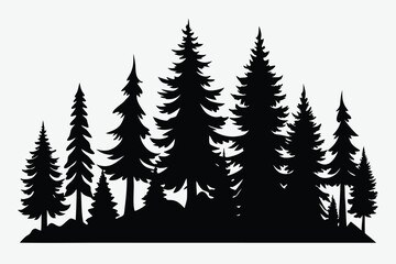 Fototapeta premium Black Silhouette of Evergreen Pine Trees Against White Background Creating a Forest