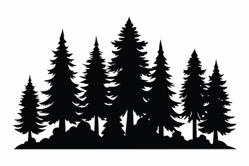Black Silhouette of Pine Trees in Forest Landscape with Shrubs on White Background