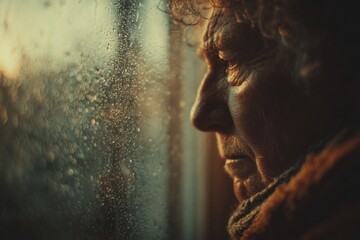 Elderly woman looking through window with rain drops at sunset