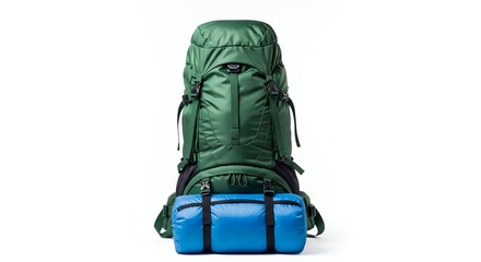 Naklejka premium Large hiking backpack with rolled-up sleeping bag attached, clean background
